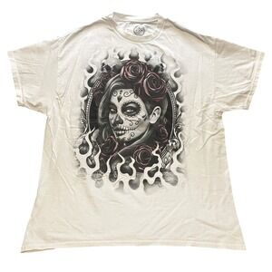 Y2K ODM Shirt Mens Extra Large Day‎ of Dead Fire Skull Gothcore White